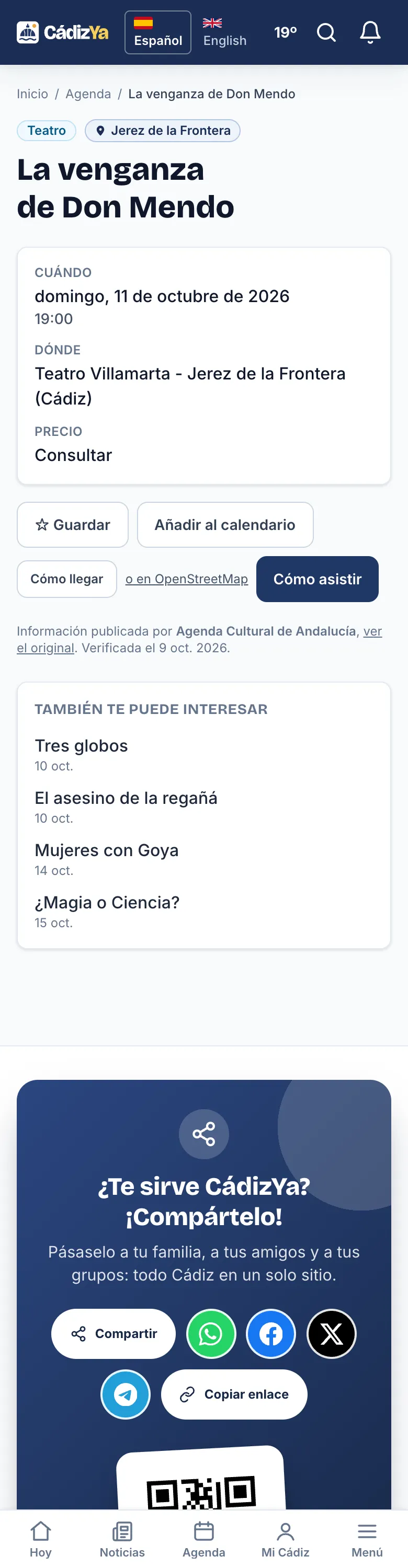 Ficha de un acto de la agenda con el botón «Añadir al calendario»
