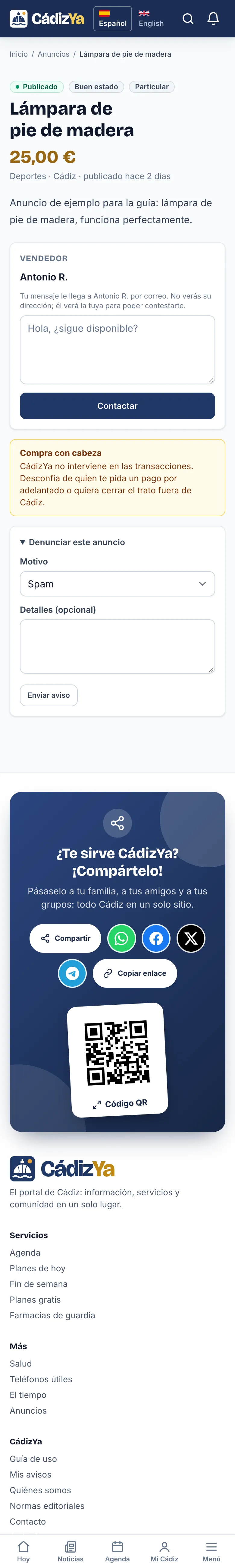 Un anuncio con el formulario para contactar y el de denunciar