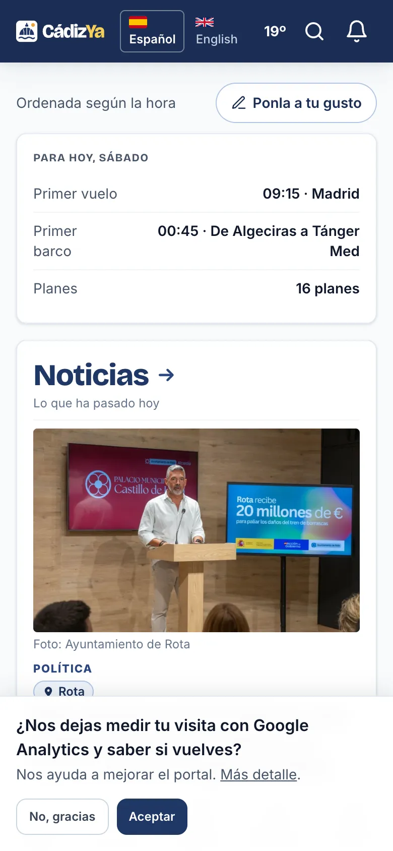 El aviso de cookies con «No, gracias» y «Aceptar»
