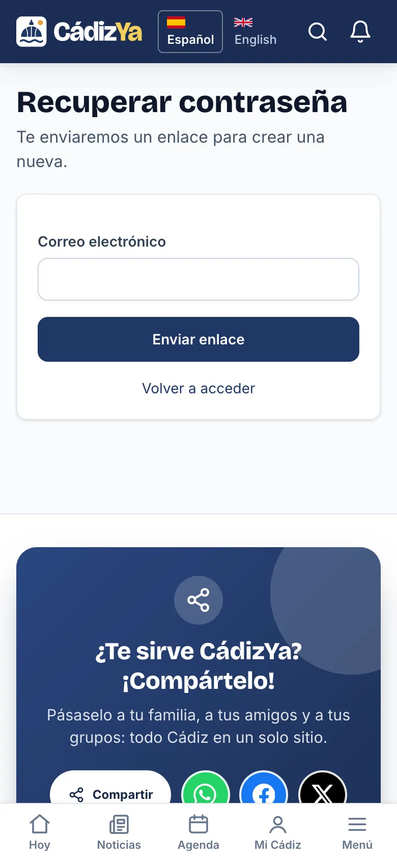 Pantalla para recuperar la contraseña