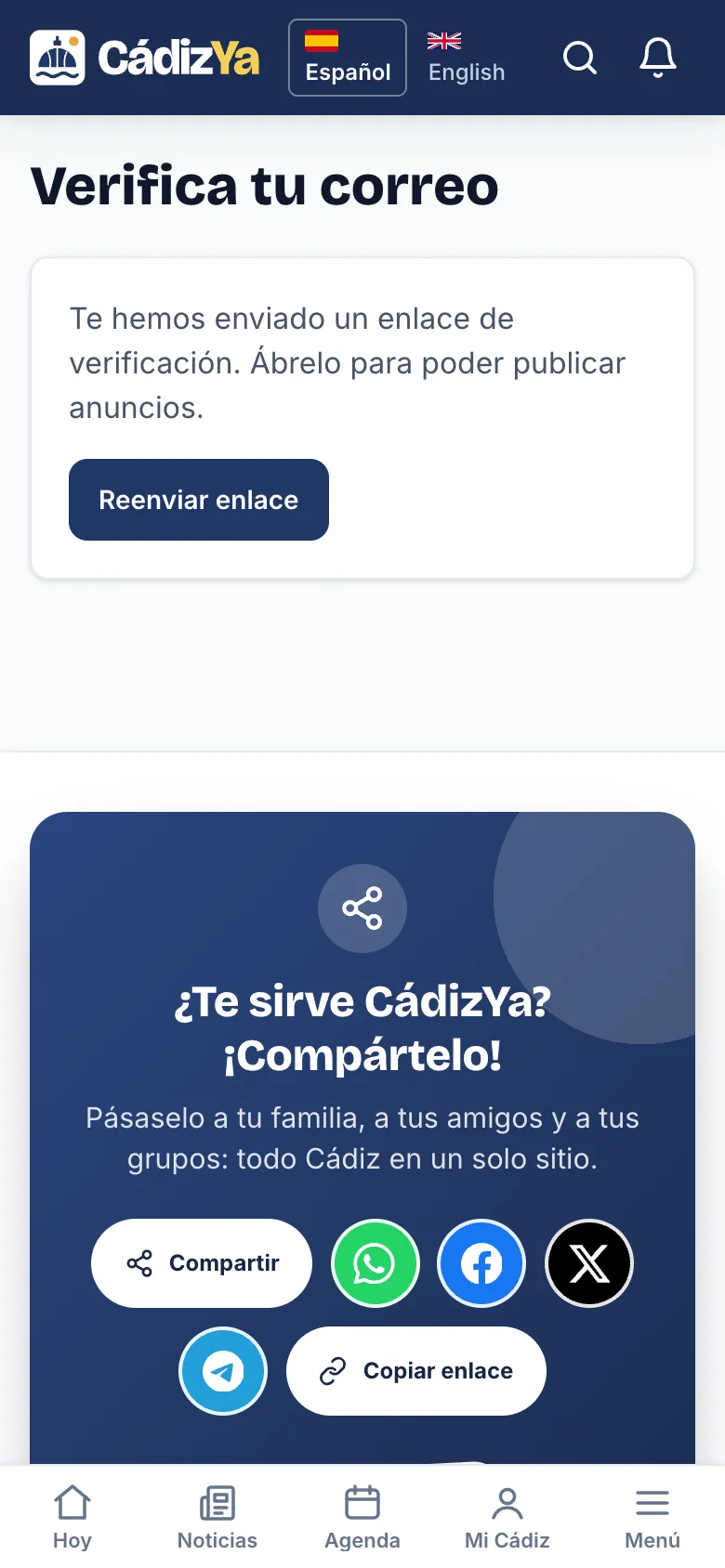Pantalla «Verifica tu correo» con el botón «Reenviar enlace»