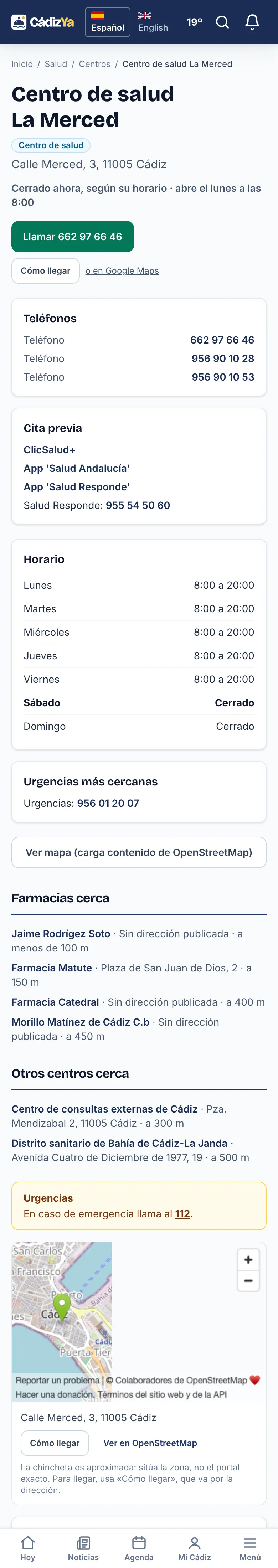 La página de un centro de salud, con su horario y la cita previa