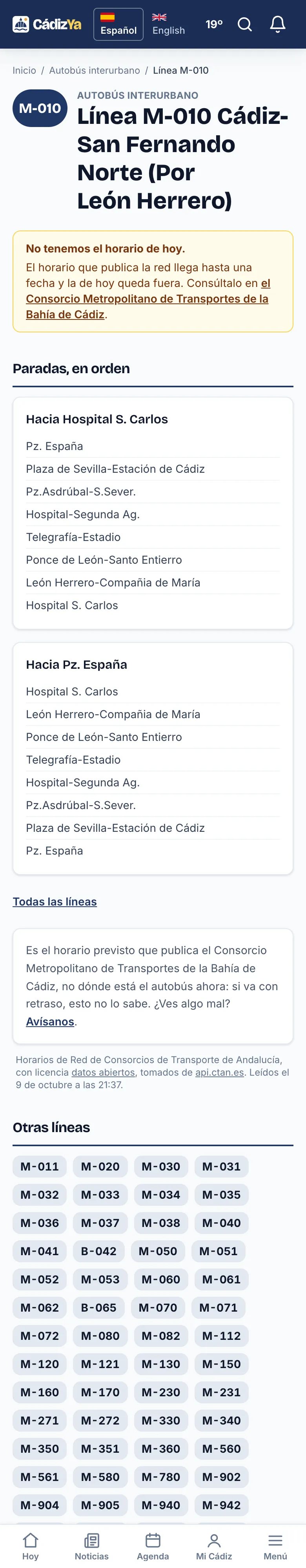 La página de una línea, con sus salidas y sus paradas