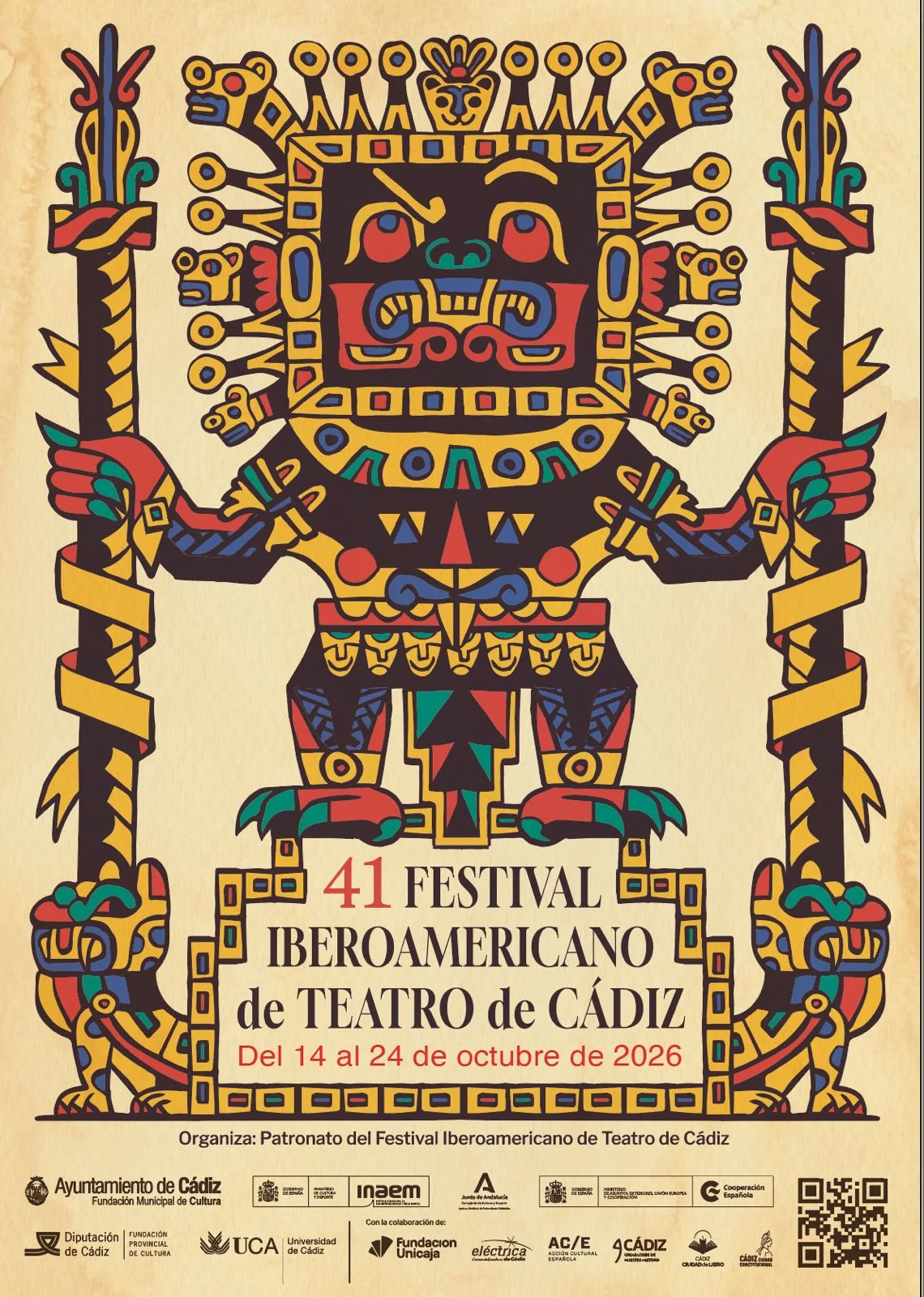 Cartel del 41 Festival Iberoamericano de Teatro de Cádiz, obra de Andi Rivas: una figura de estilo andino que sostiene dos columnas, con las fechas del 14 al 24 de octubre de 2026.