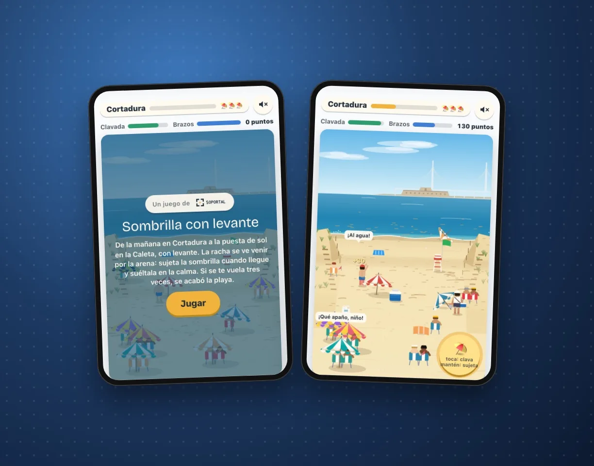 Dos pantallas del juego: la portada con el botón Jugar y la playa de Cortadura con una racha de levante levantando la arena.