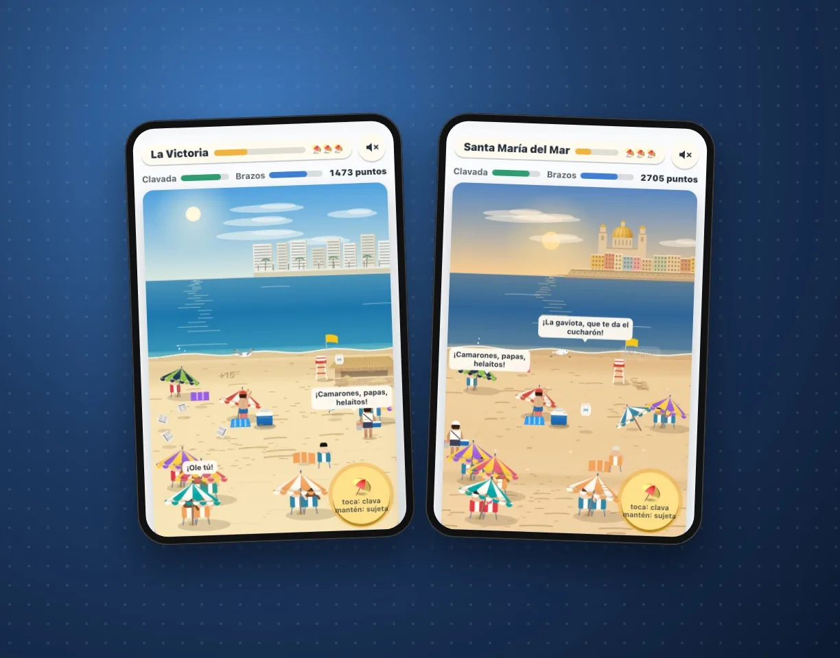 Dos pantallas del juego: la playa de La Victoria con sus edificios y Santa María del Mar con la cúpula de la Catedral al fondo.