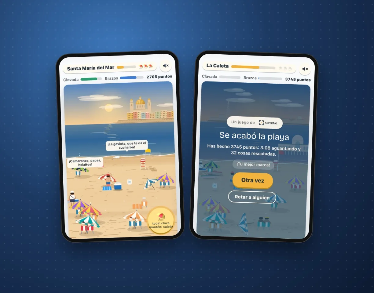 Dos pantallas del juego: Santa María del Mar en plena partida y la pantalla final con la puntuación y los botones Otra vez y Retar a alguien.