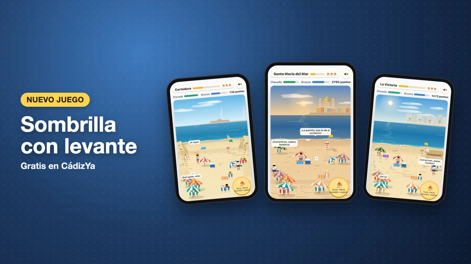 Tres pantallas del juego «Sombrilla con levante»: la playa de Cortadura, Santa María del Mar con la cúpula de la Catedral al fondo y La Victoria, llenas de sombrillas.