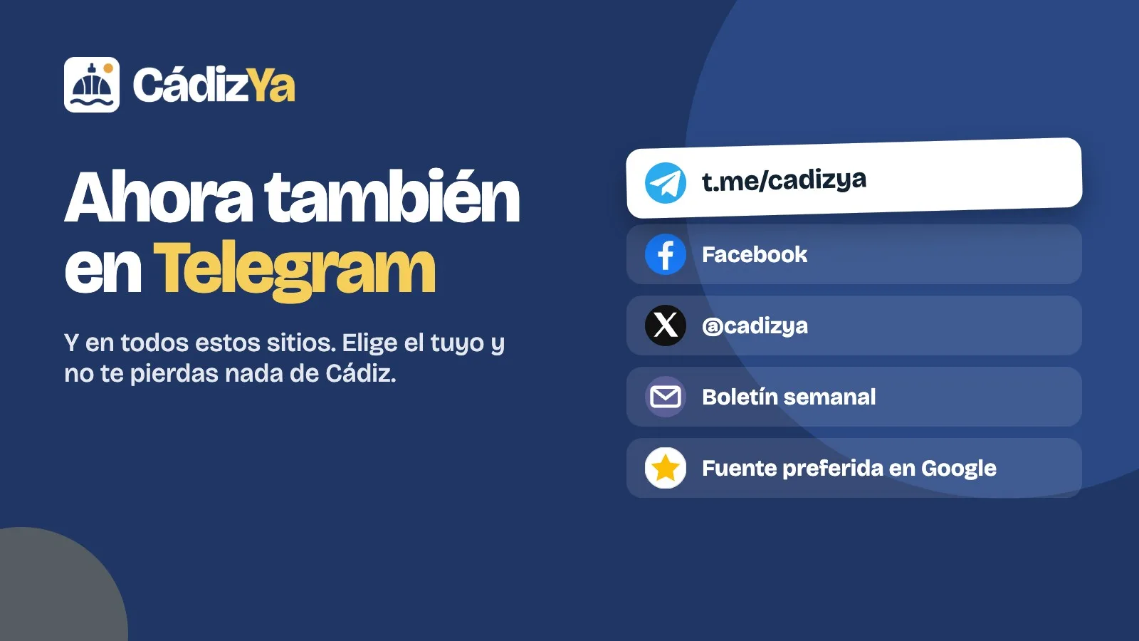 Cartel de CádizYa: síguenos en Telegram, Facebook, el boletín por correo y Google.