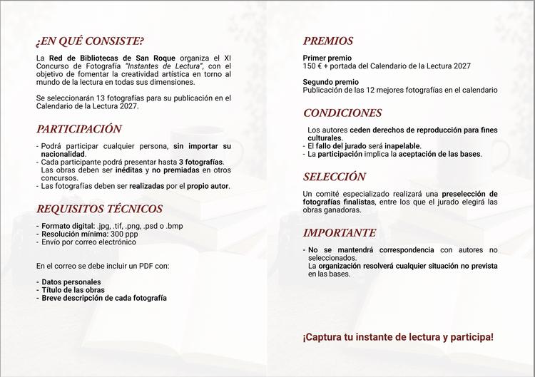 Imagen de la noticia: Abierto hasta el 23 de octubre el plazo del XI Concurso de Fotografía «Instantes de Lectura» de San Roque