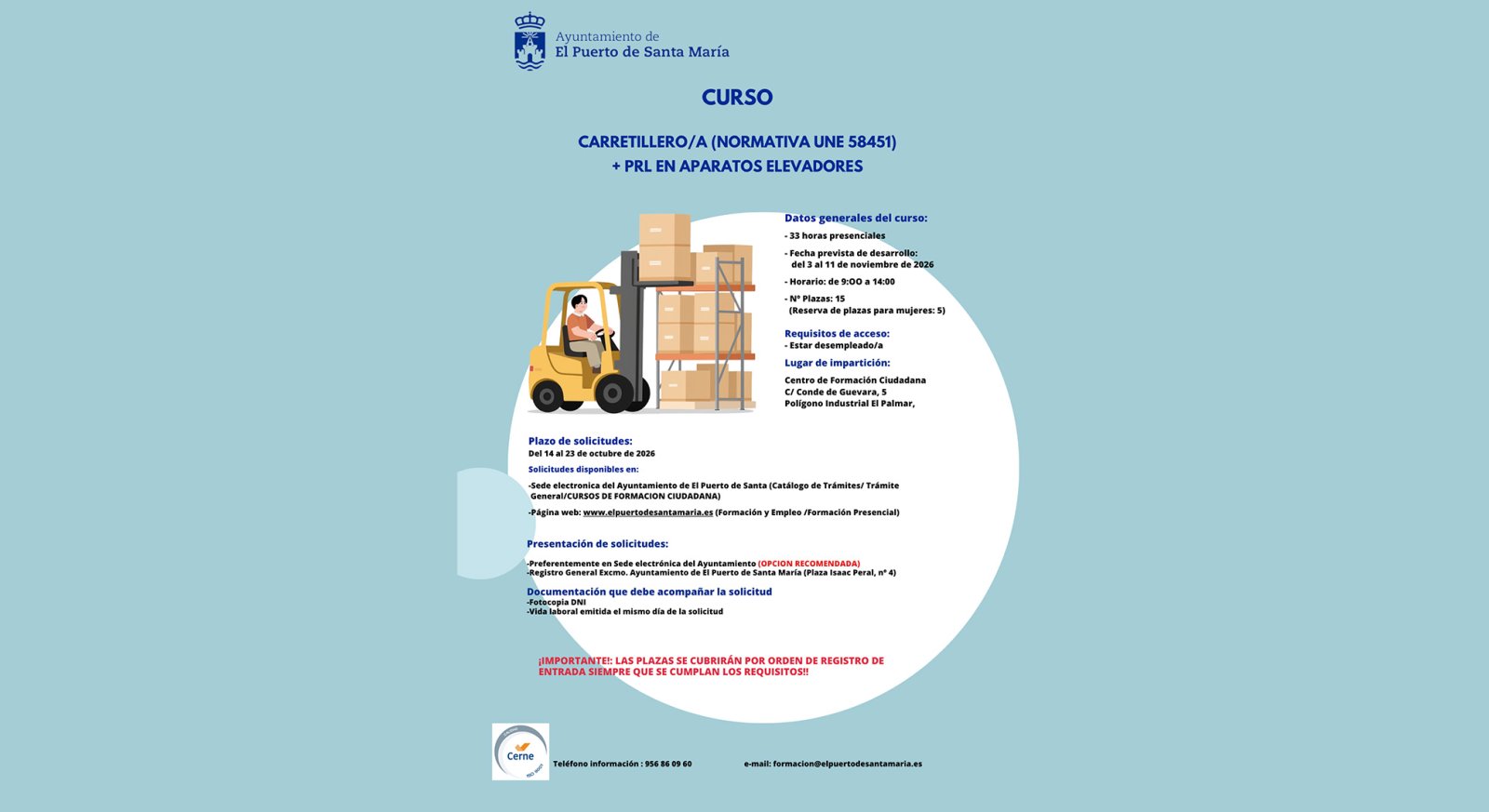 Image for the story: Free forklift operator course in El Puerto for unemployed people, from November 3 to 11