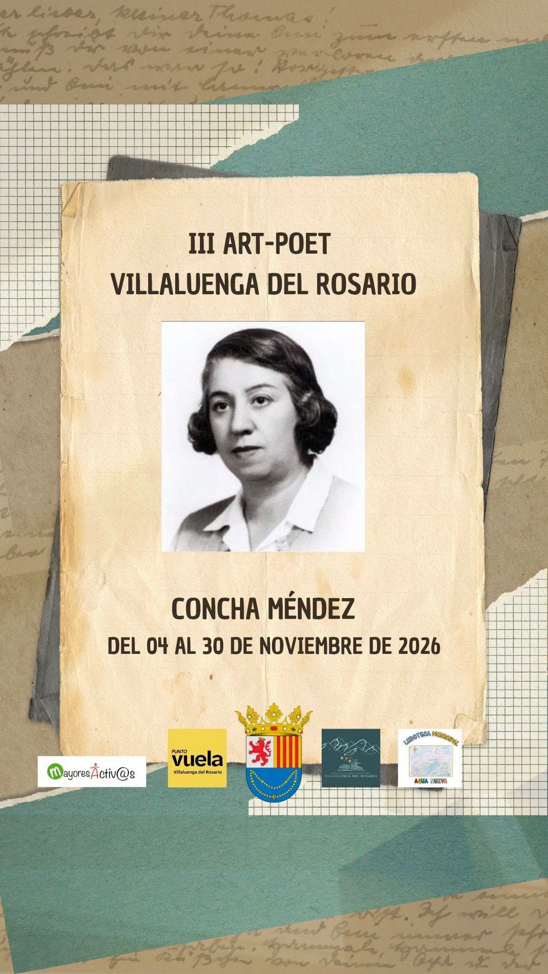 Cartel sobre papel envejecido con el retrato en blanco y negro de una mujer y el texto III ART-POET VILLALUENGA DEL ROSARIO.