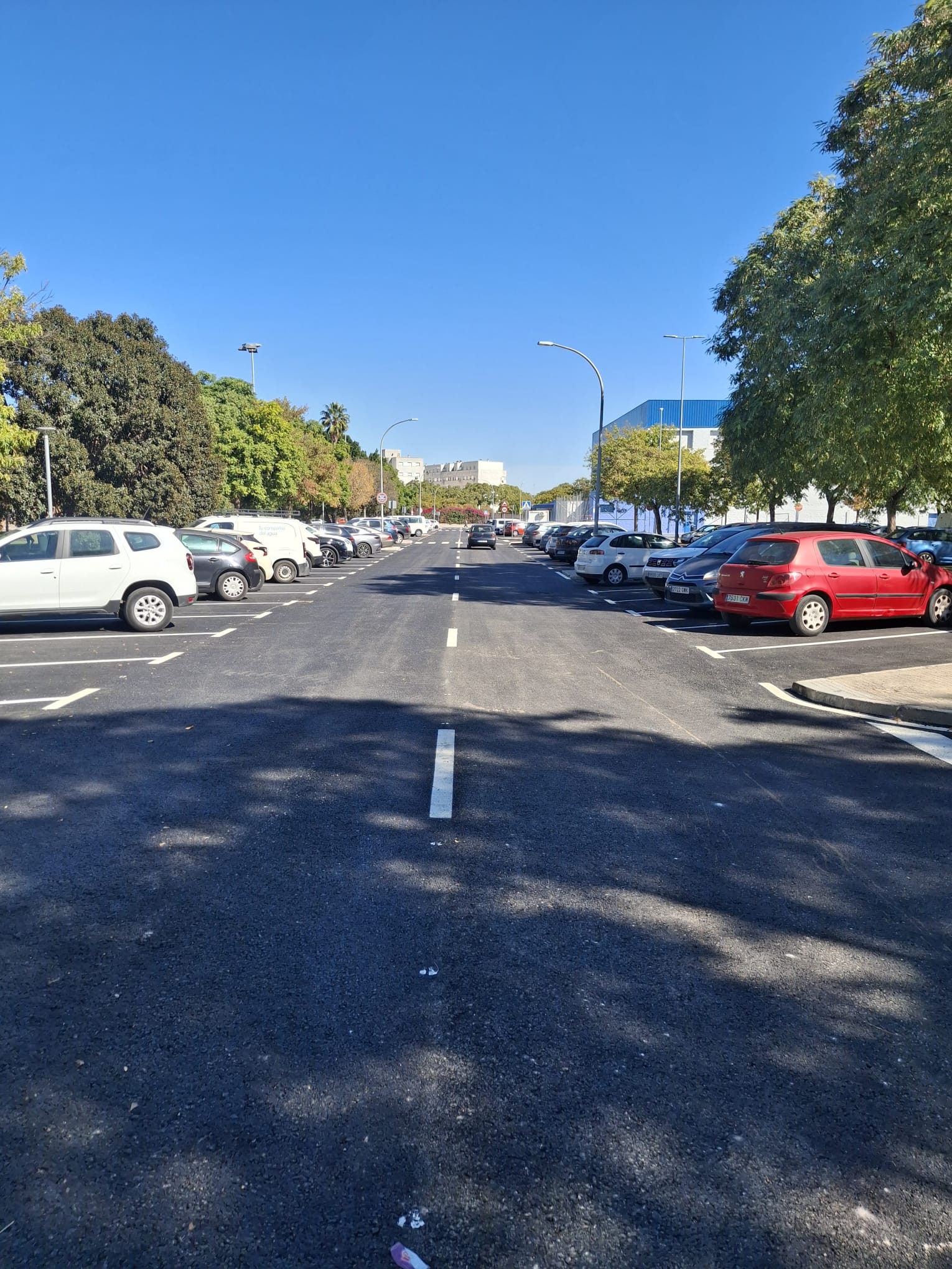 Una calzada asfaltada recién pavimentada con coches aparcados a ambos lados, árboles y farolas bajo un cielo despejado.