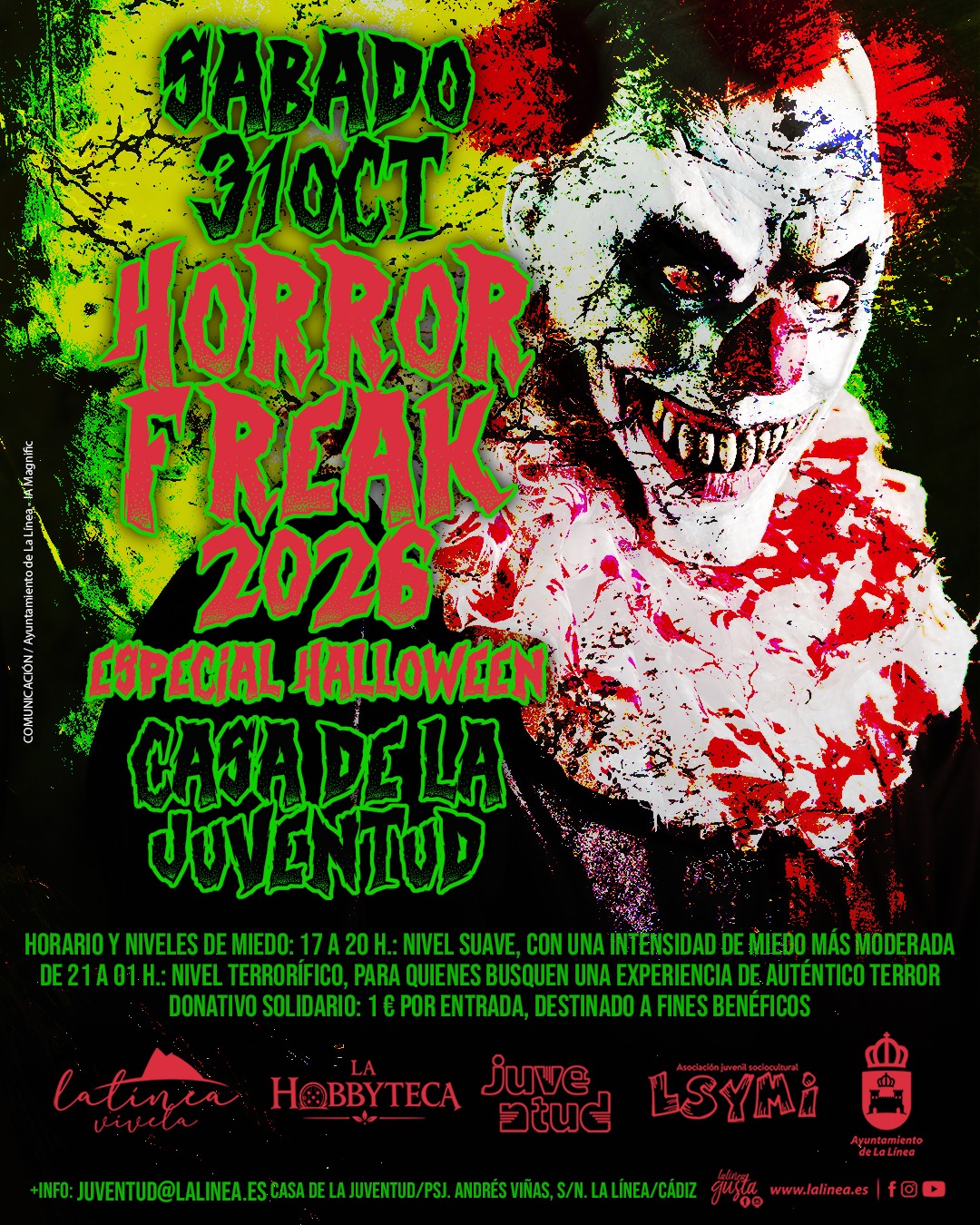 Cartel de Halloween con un payaso blanco manchado de rojo y el texto Horror Freak 2026 sobre fondo verde y negro.