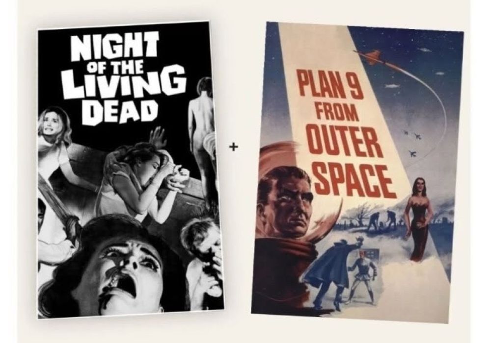 Dos carteles de cine de terror, Night of the Living Dead y Plan 9 from Outer Space, uno junto a otro con un signo más entre ellos.