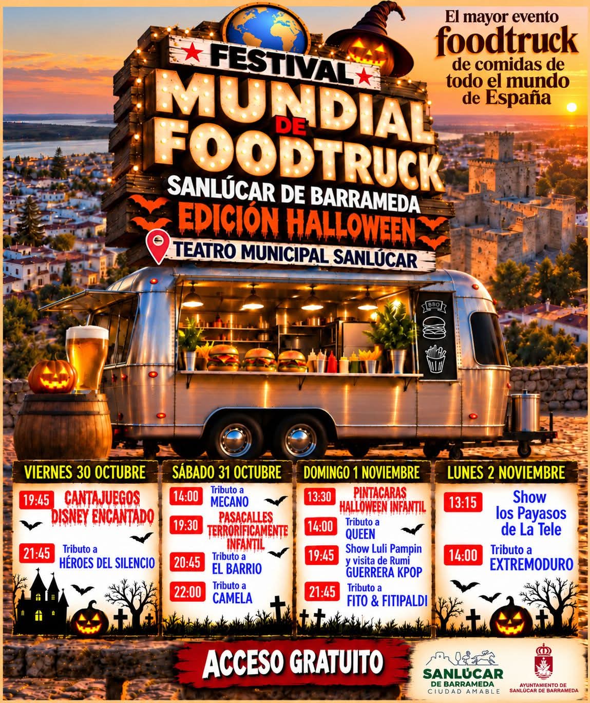 Cartel del Festival Mundial de Foodtruck con una foodtruck, calabazas de Halloween y un programa de actuaciones por días.
