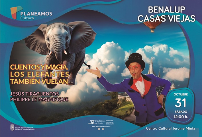 Cartel de un espectáculo con un elefante volando entre nubes y un mago de frac morado señalando.