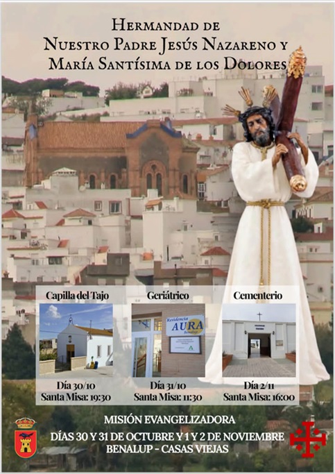 Cartel con la figura de Jesús Nazareno sobre un pueblo blanco y tres fotos de capilla, geriátrico y cementerio con horarios.