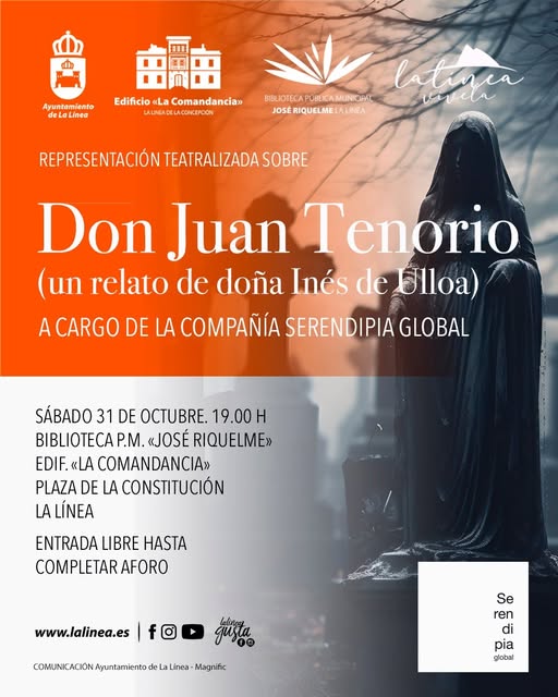 Cartel naranja y gris de una representación teatralizada de Don Juan Tenorio, con una figura encapuchada.