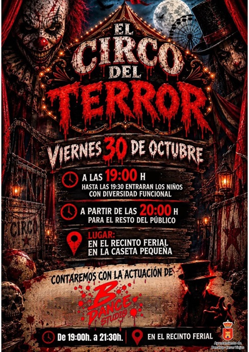 Cartel de El Circo del Terror con payasos, calaveras y una luna llena, anunciando un evento el viernes 30 de octubre.
