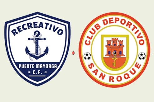 Dos escudos de fútbol enfrentados: Recreativo Puente Mayorga C.F., con ancla, y Club Deportivo San Roque, con castillo.
