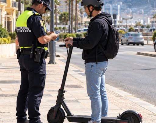 Un agente uniformado con chaleco reflectante habla con una persona con casco y mochila junto a un patinete eléctrico en la acera.