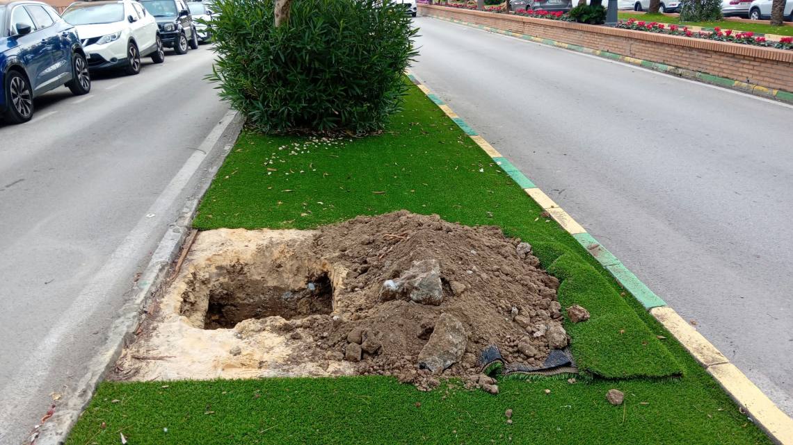 Hoyo excavado en el césped artificial de una mediana, con montón de tierra y un arbusto, junto a una calle con coches aparcados.