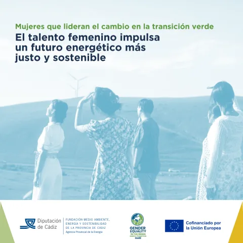Cuatro personas de espaldas en un paisaje con un aerogenerador al fondo, con textos sobre talento femenino y transición verde.