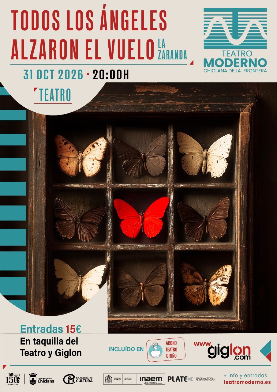 Cartel de una obra de teatro con una vitrina de mariposas disecadas y una mariposa roja destacada.