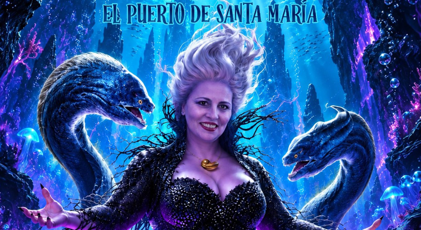 Mujer sonriente de pelo blanco y vestido negro brillante entre dos morenas marinas azules, sobre un fondo submarino morado con el texto El Puerto de Santa María