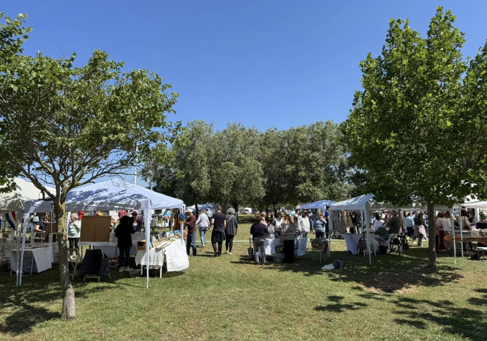 Puestos de feria con carpas blancas sobre hierba entre árboles, con varias personas paseando y mirando la mercancía bajo un cielo despejado.