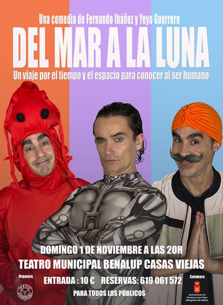 Cartel de la comedia Del mar a la luna con tres actores disfrazados sobre fondo de colores.