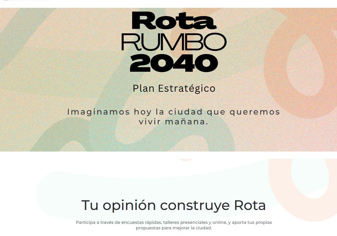 Cartel con el texto Rota Rumbo 2040, Plan Estratégico, sobre fondo abstracto en tonos pastel.
