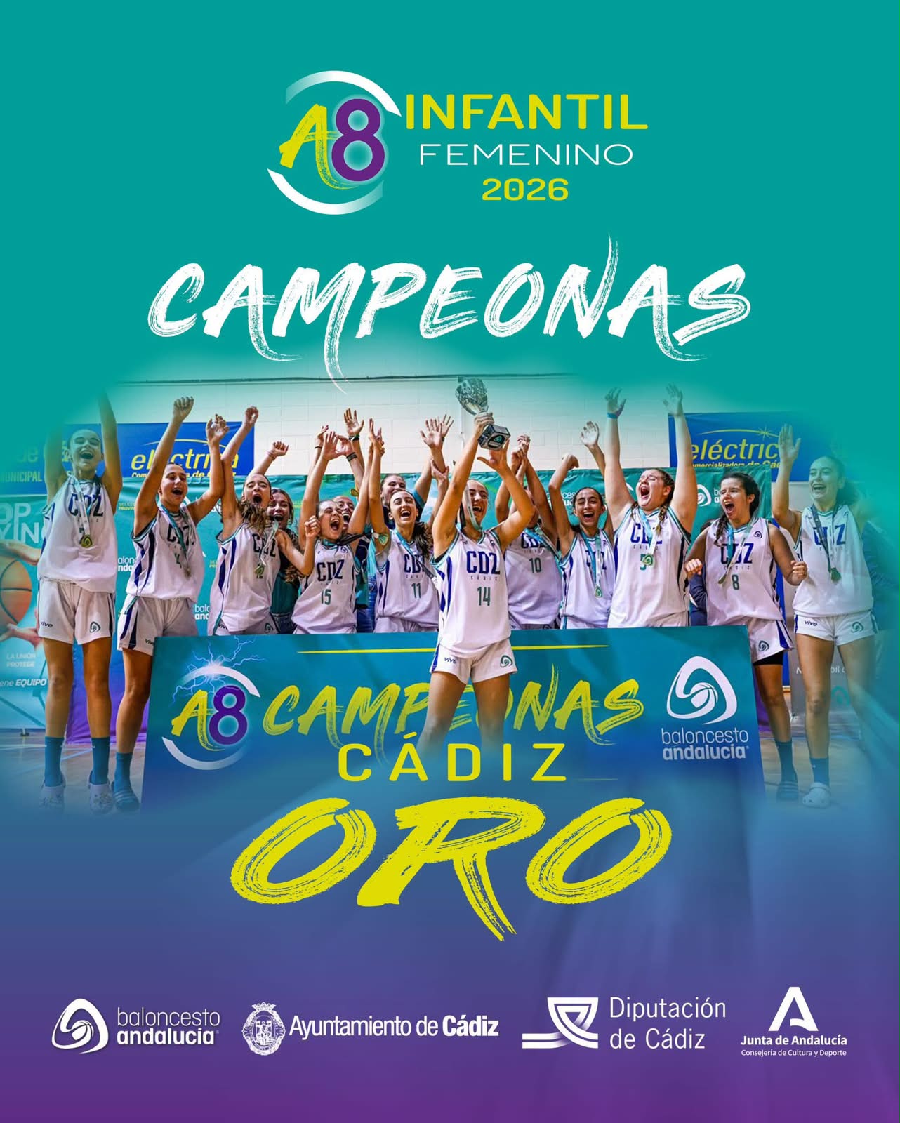 Un equipo juvenil femenino de baloncesto celebra con un trofeo en alto bajo un cartel de campeonas.