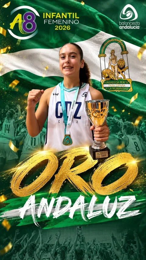 Jugadora de baloncesto con medalla y trofeo ante una bandera andaluza y el texto Oro Andaluz.