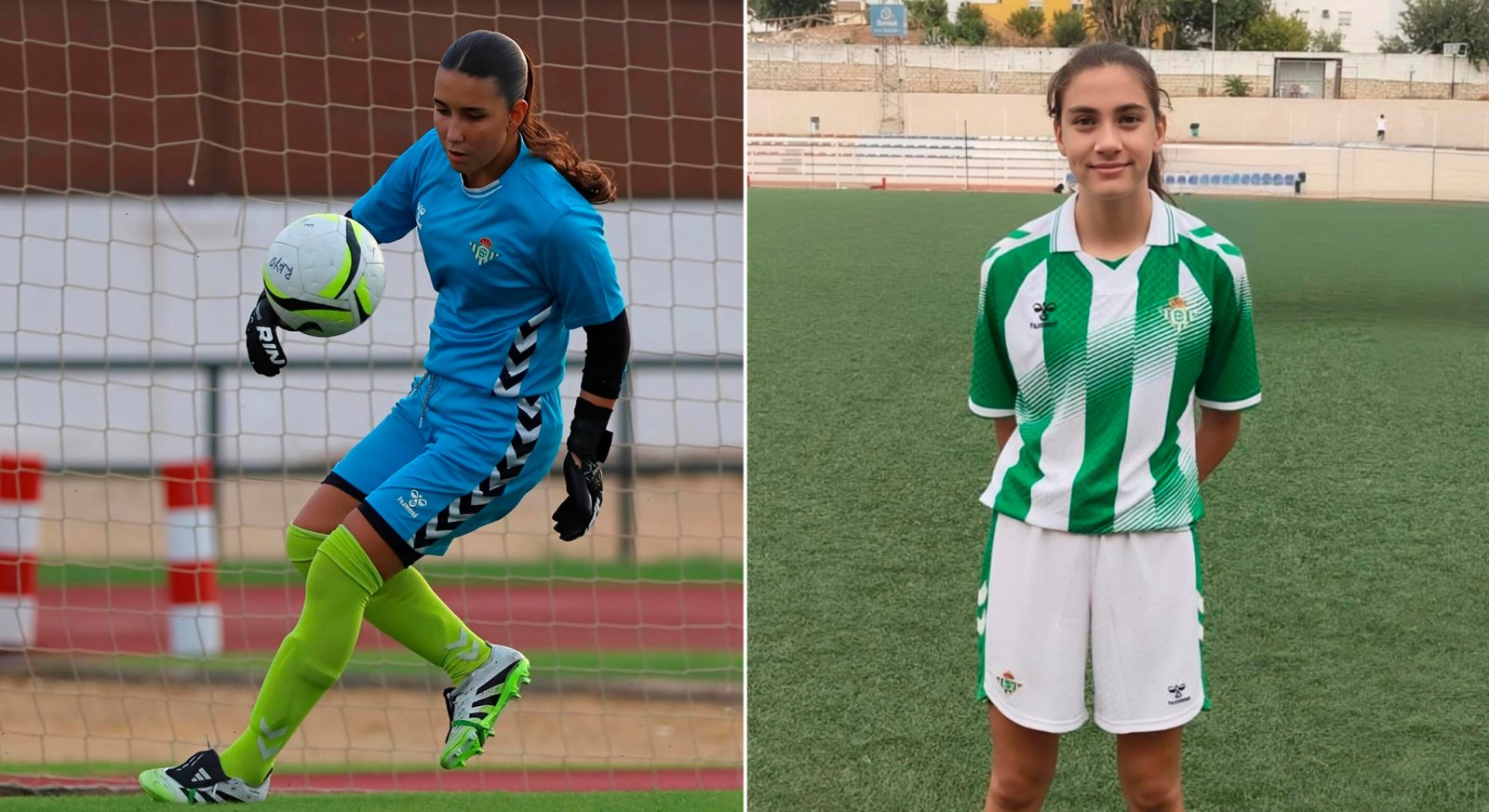 Dos imágenes de futbolistas: una portera de azul con balón y otra jugadora de pie con camiseta verdiblanca.