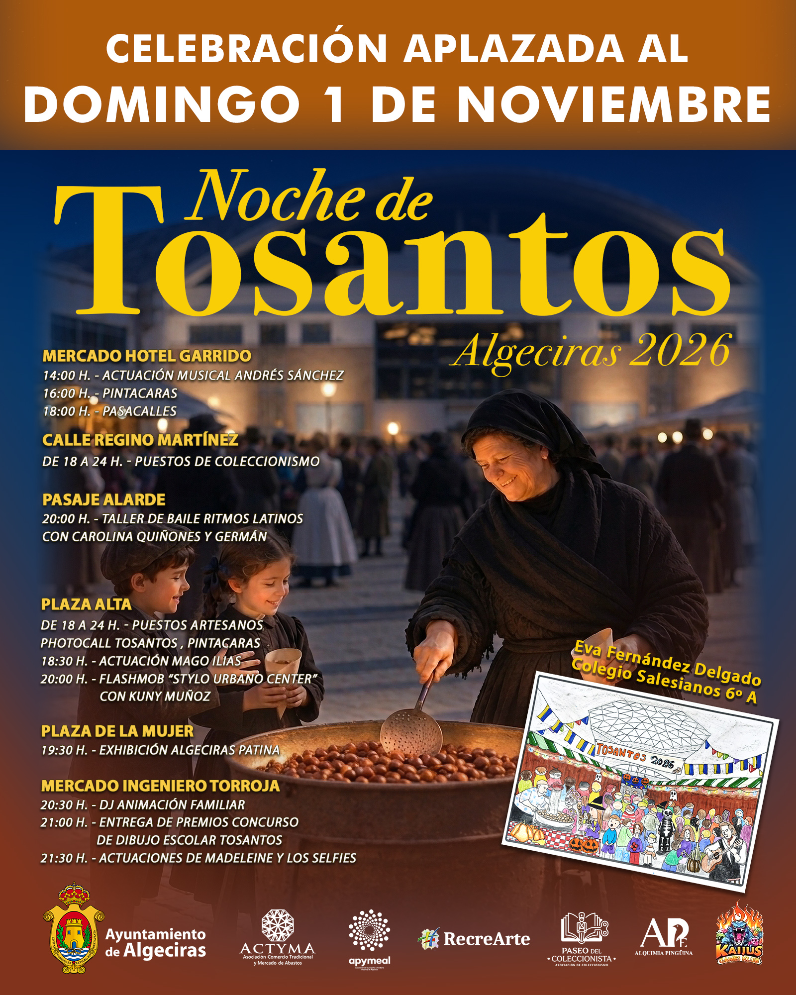 Cartel de la Noche de Tosantos en Algeciras con una mujer mayor asando castañas y dos niños mirando.