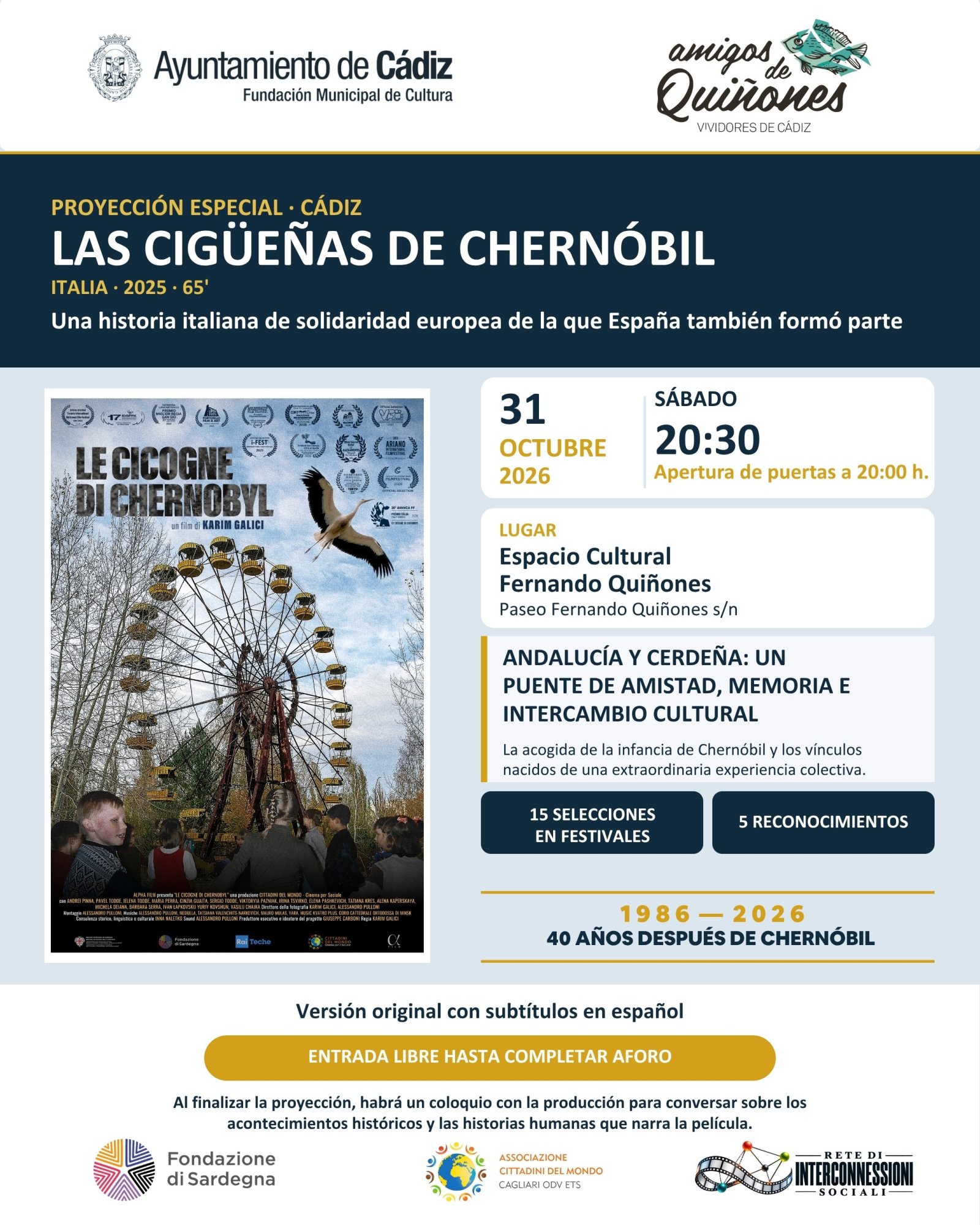 Cartel de la proyección de la película Las cigüeñas de Chernóbil el 31 de octubre de 2026 en un espacio cultural de Cádiz.