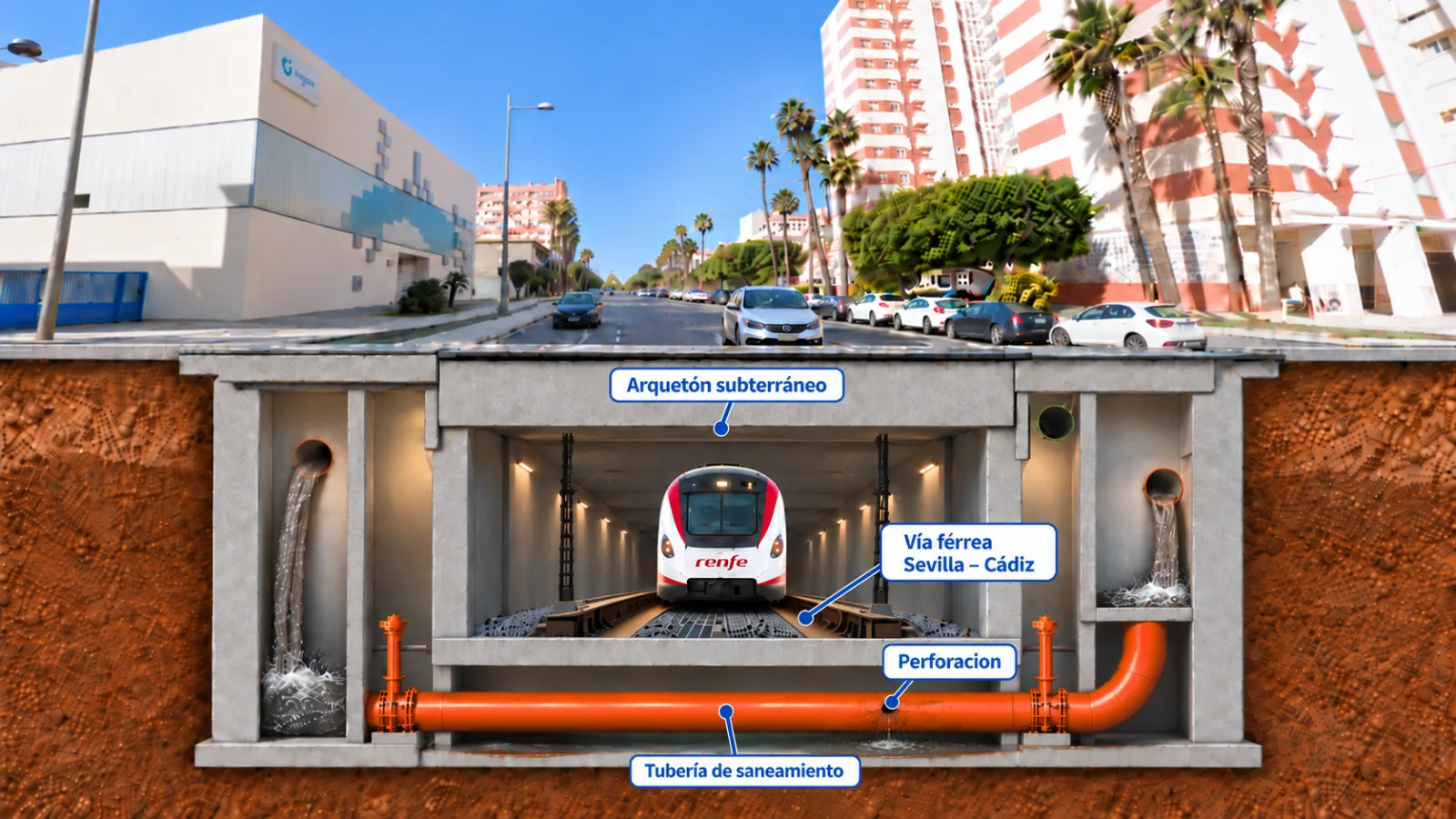 Corte transversal de una calle con un tren bajo tierra, tuberías de saneamiento y un arquetón etiquetados.