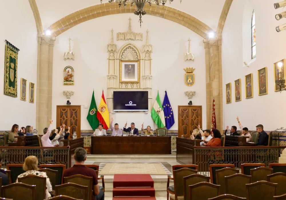 Sala de plenos con vecinos levantando la mano y una mesa presidencial con banderas y pantalla al fondo.