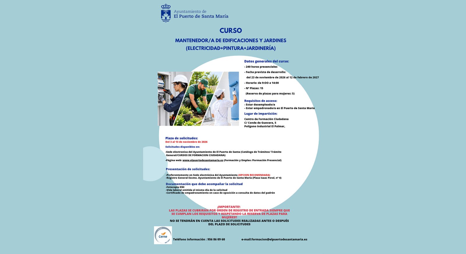 Cartel informativo sobre un curso de mantenimiento de edificios y jardines, con texto y tres fotos de personas trabajando.