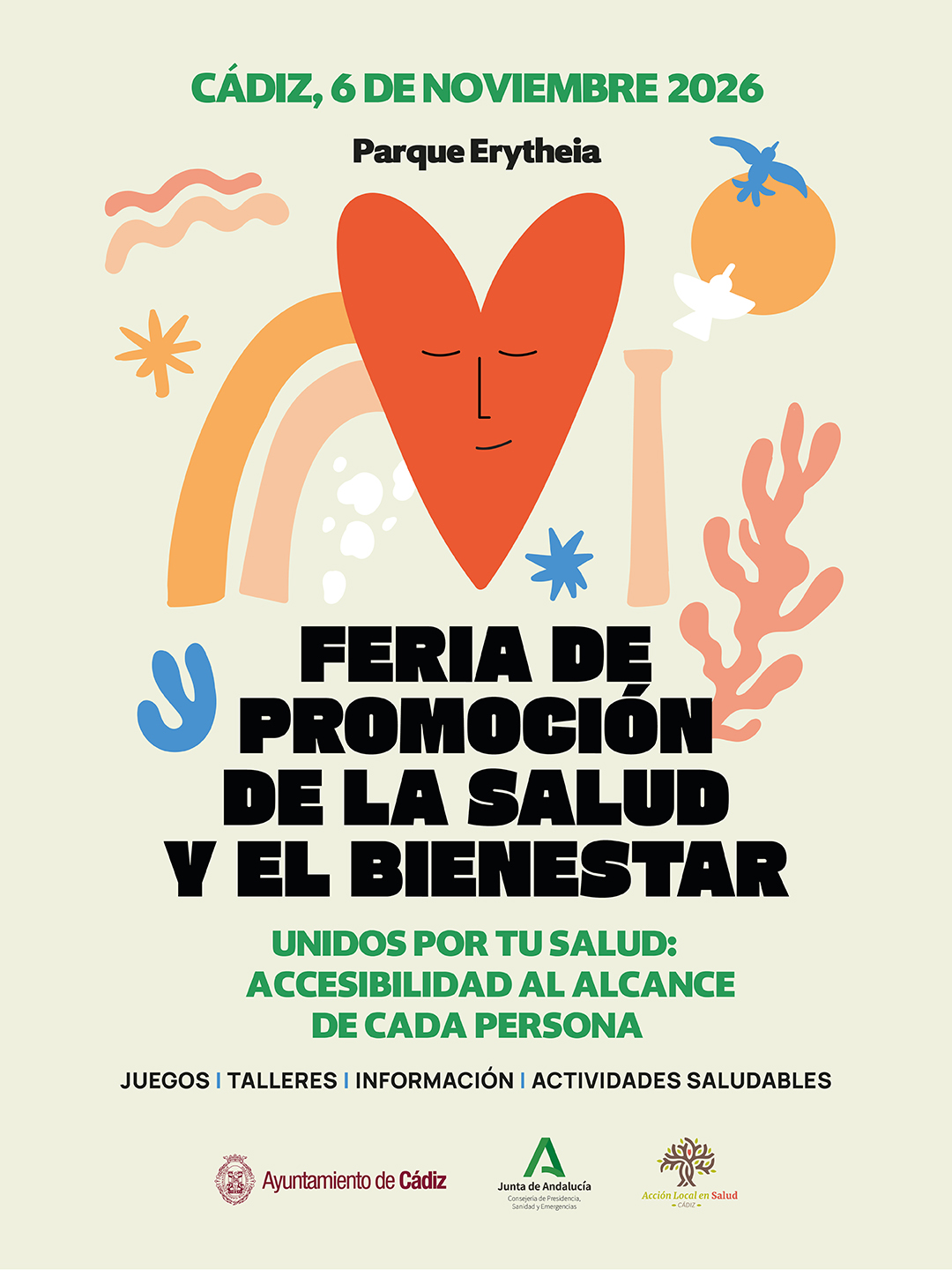 Cartel de la Feria de Promoción de la Salud y el Bienestar con un corazón rojo con ojos cerrados y formas decorativas.