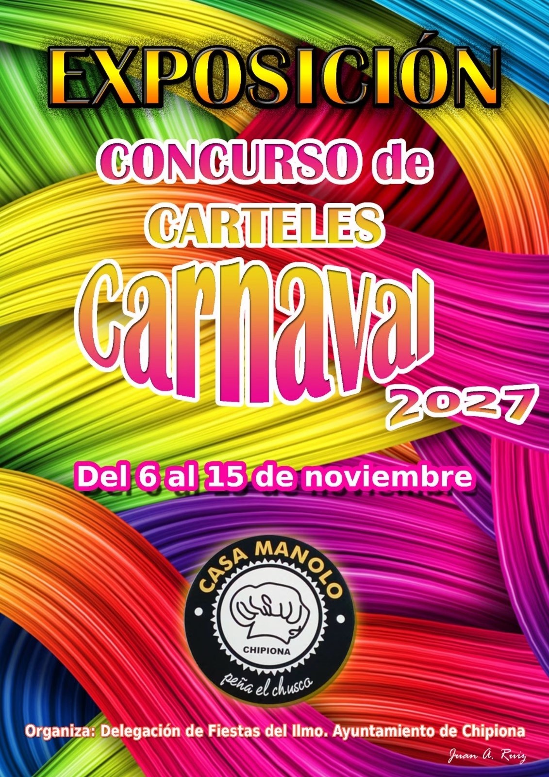 Cartel con fondo de franjas de colores curvadas y textos sobre una exposición de carteles del Carnaval 2027 en Chipiona.