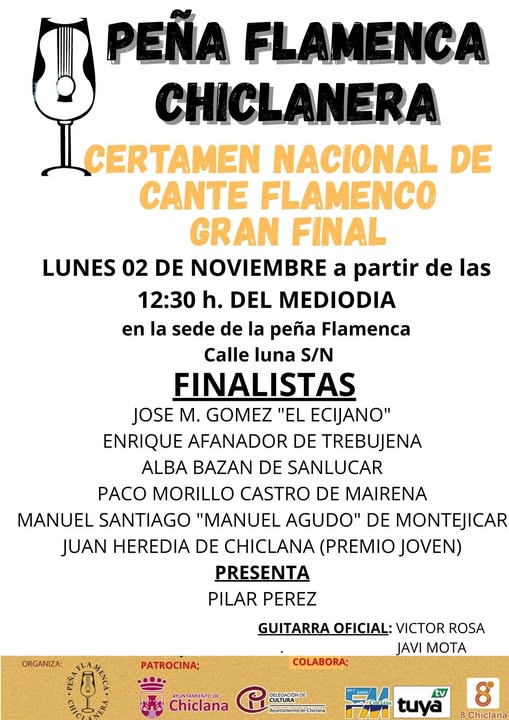 Cartel de la gran final de un certamen nacional de cante flamenco con finalistas, fecha y lugar.