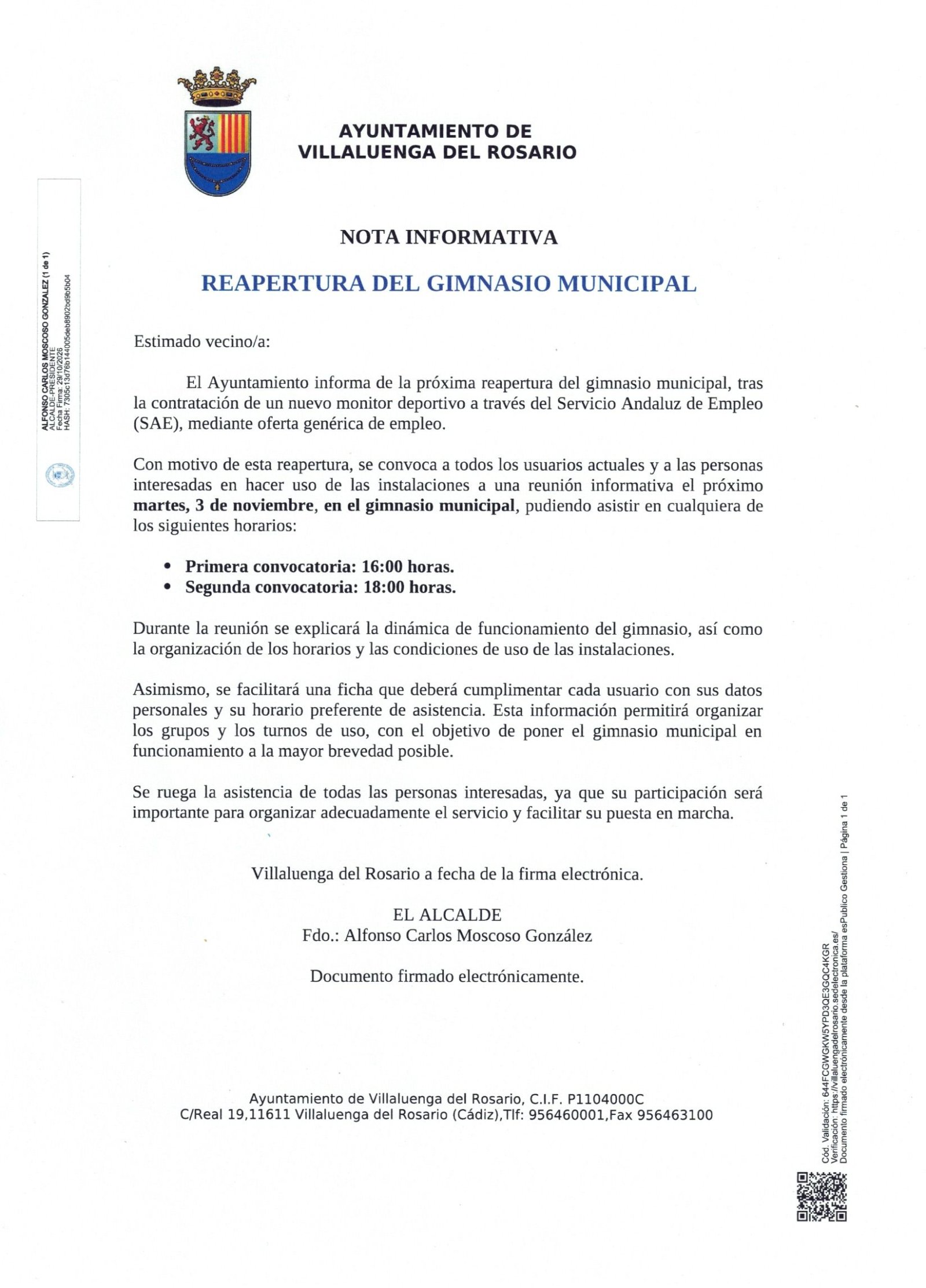 Documento oficial del Ayuntamiento de Villaluenga del Rosario que anuncia la reapertura del gimnasio municipal y dos reuniones informativas.