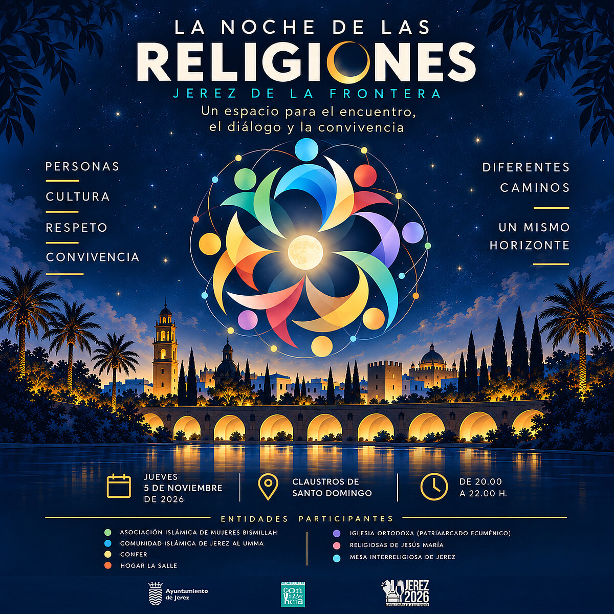 Cartel nocturno de la Noche de las Religiones en Jerez, con un emblema circular de colores y una ciudad iluminada al fondo.